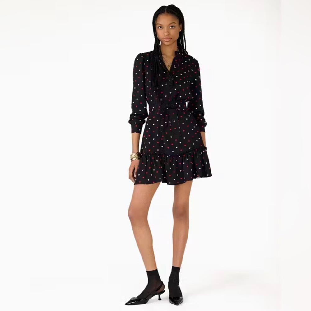 Kate Spade New York Darling Hearts Ruffle Shift Black Dress w Hearts Size:Medium